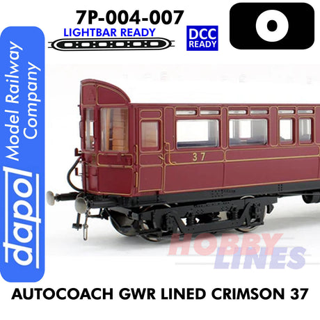 Autocoach GWR Lined Crimson 37 Coach- DCC & Lightbar Ready | Dapol | 7P-004-007