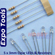 Load image into Gallery viewer, LEDs CLEAR 3mm 4-5V with resistors for 12V operation 5 pack Expo Tools A25210
