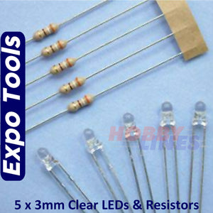 LEDs CLEAR 3mm 4-5V with resistors for 12V operation 5 pack Expo Tools A25210