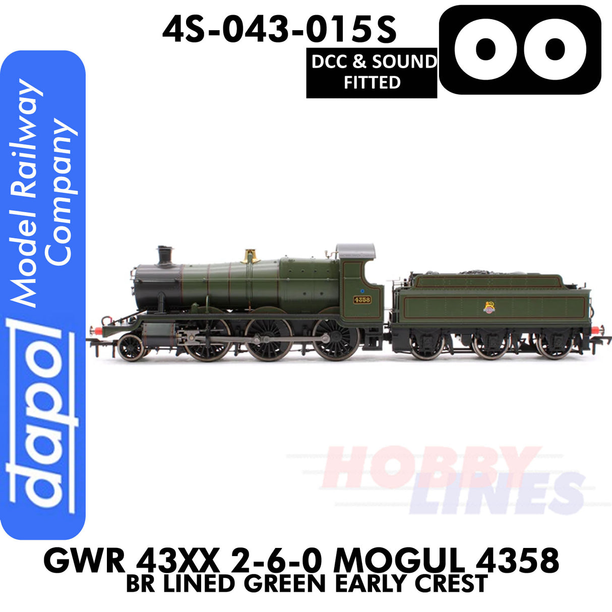 Great Western Railway - 43xx 2-6-0 Mogul 4358 BR Lined Green Early Crest - DCC & Sound - 1:76 OO | Dapol |  4S-043-015S