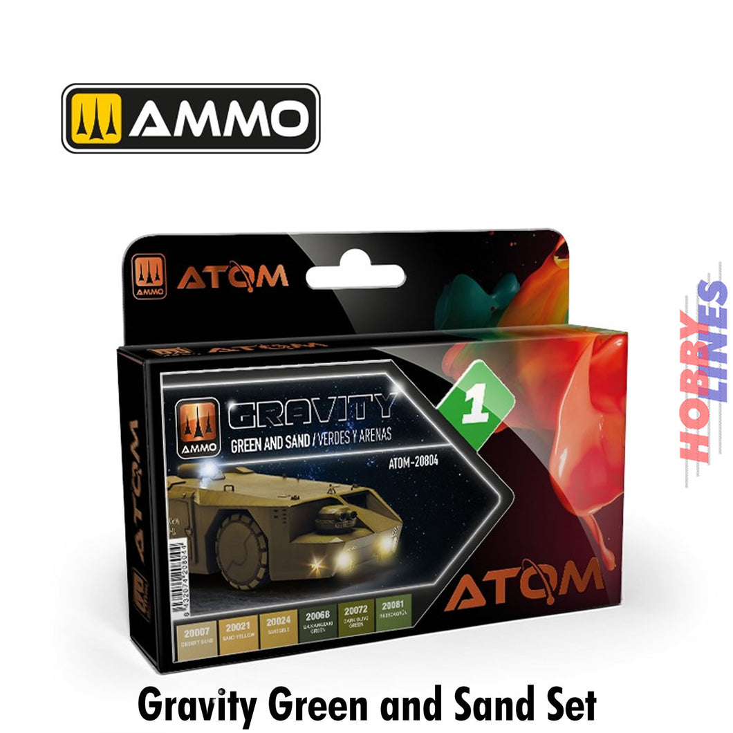 ATOM Gravity Set1 Green & Sand 6 20ml Acrylic bottles Ammo by Mig Jimenez ATOM-20804