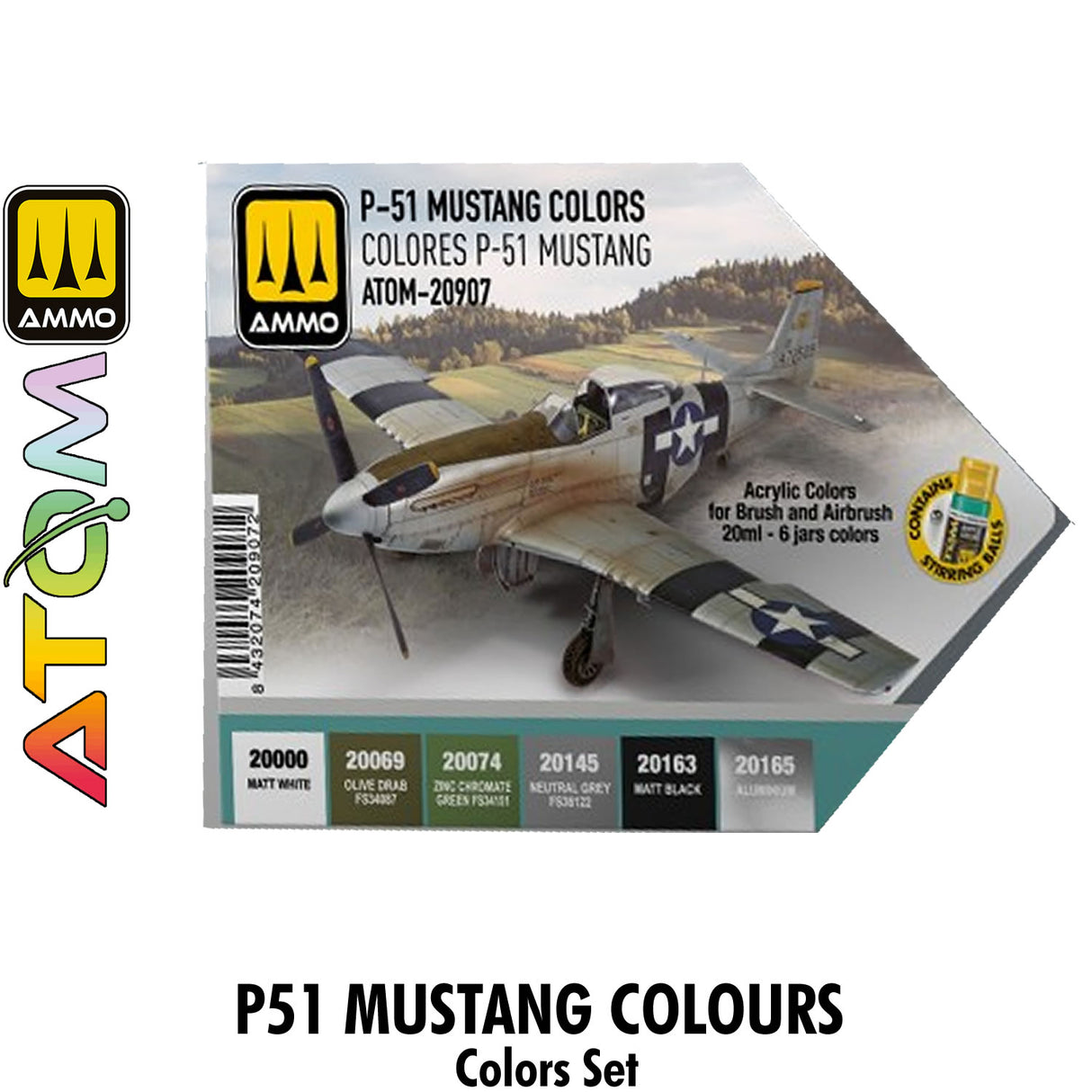 ATOM P-51 MUSTANG Colours Set - 6 20ml Acrylic Paint | Ammo by Mig Jimenez 