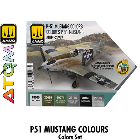 ATOM P-51 MUSTANG Colours Set - 6 20ml Acrylic Paint | Ammo by Mig Jimenez 