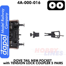 Load image into Gallery viewer, OO Dove Tail NEM Pocket with Tension Lock Coupler 5 Pairs Dapol 4A-000-016
