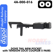 Load image into Gallery viewer, OO Dove Tail NEM Pocket with Tension Lock Coupler 5 Pairs Dapol 4A-000-016
