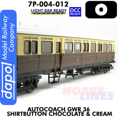 Autocoach GWR 36 Shirtbutton Chocolate & Cream Coach - DCC & Lightbar Ready | Dapol | 7P-004-012