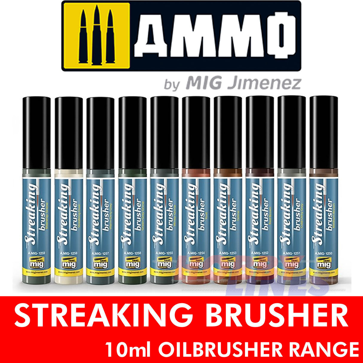 STREAKING BRUSHER Range Enamel Oilbrusher 10ml Brush in cap Ammo By Mig Jimenez
