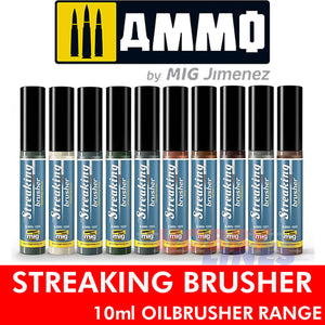 STREAKING BRUSHER Range Enamel Oilbrusher 10ml Brush in cap Ammo By Mig Jimenez