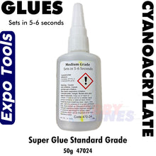 Load image into Gallery viewer, Cyano Super Glue 50g Standard Grade 5-6 seconds Cyanoacrylate Expo Tools 47024
