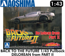 Load image into Gallery viewer, Delorean Back to the Future Part 2 Flying Pull Back &amp; Go 1:43 kit Aoshima 05476
