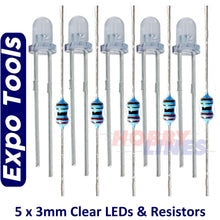 Load image into Gallery viewer, LEDs CLEAR 3mm 4-5V with resistors for 12V operation 5 pack Expo Tools A25210
