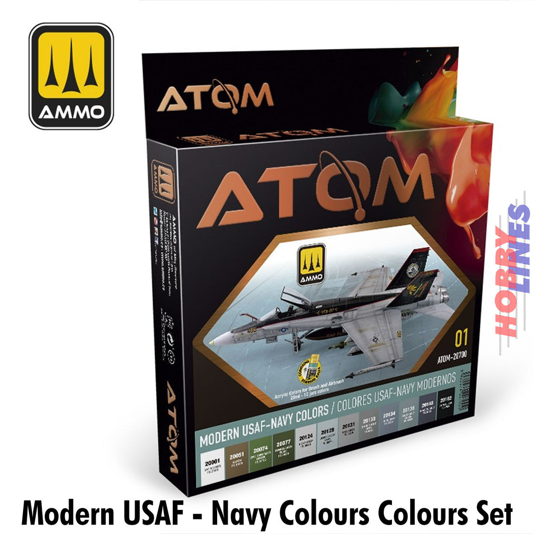 Modern USAF-NAVY Paint Set - 12 20ml colour Paint Set AMMO Mig Jimenez ATOM-20700