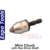 MINI 3 JAW CHUCK with HEX DRIVE SHAFT 0.3 - 2.5mm bits Expo Tools 12805