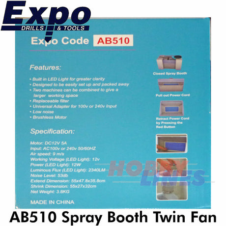 Airbrush SPRAY BOOTH High Power Large Portable w. Built in LED Light Expo AB510
