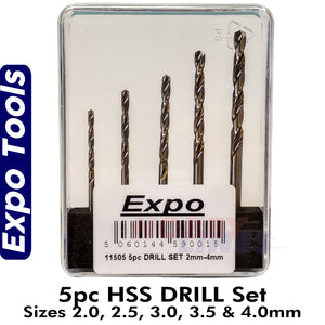 HSS DRILL 5pc set 2.0 2.5 3.0 3.5 & 4.0mm Expo Tools 11505