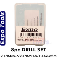 Load image into Gallery viewer, DRILL SET 8 piece  0.5 0.6 0.7 0.8 0.9 1.0 1.5 2.0mm Expo Tools 11508
