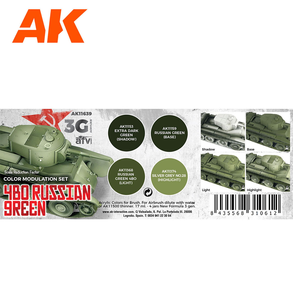 3G Special Set - 4B0 Russian Green - 4 x 17ml Acrylic Paint | AK interactive | AK11639
