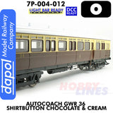 Autocoach GWR 36 Shirtbutton Chocolate & Cream Coach - DCC & Lightbar Ready | Dapol | 7P-004-012