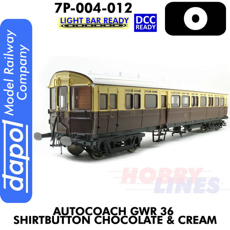 Autocoach GWR 36 Shirtbutton Chocolate & Cream Coach - DCC & Lightbar Ready | Dapol | 7P-004-012