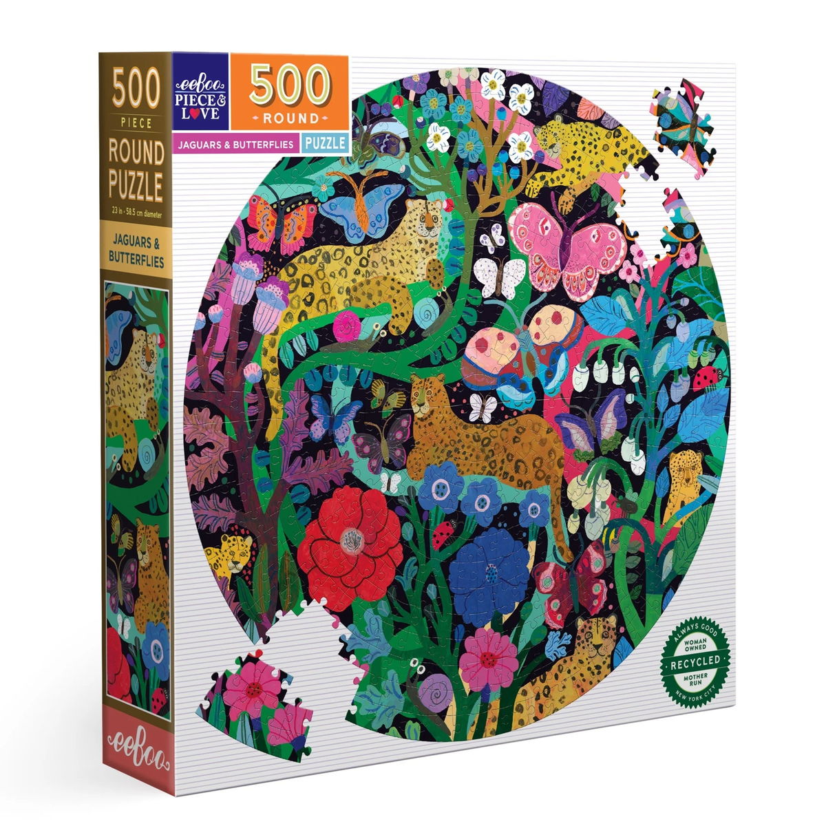 Jaguars and Butterflies - 500pc Round Puzzle | eeBoo | PZFJGB