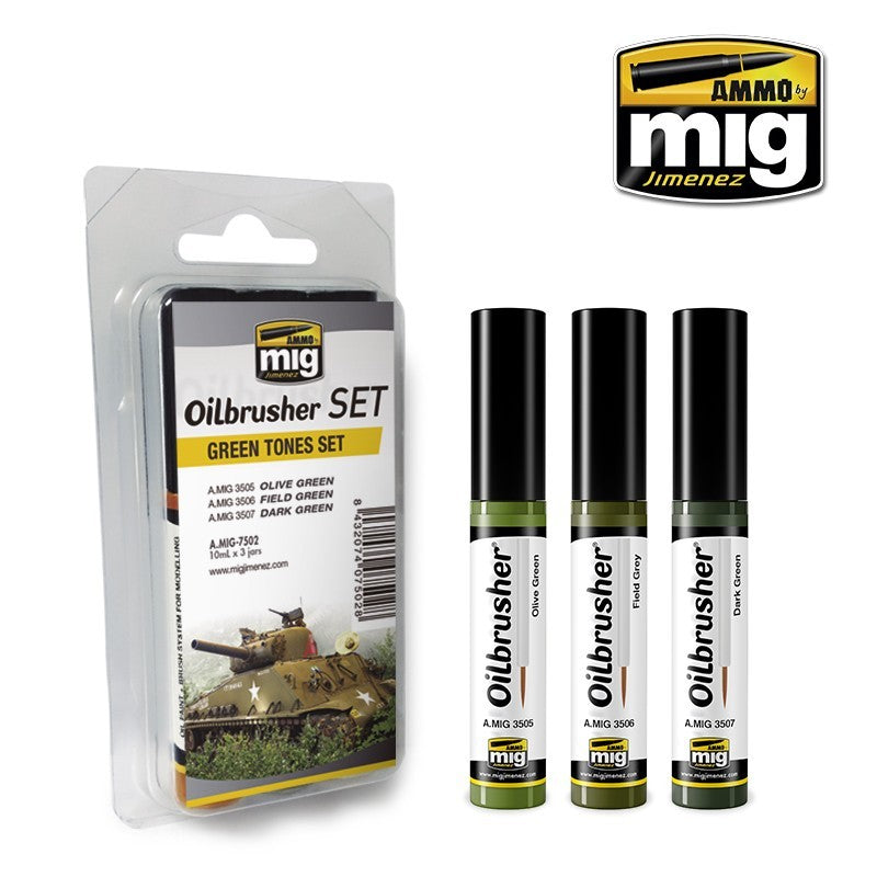 Oilbrusher Set - Green Tones Set - 3 x 10ml | Ammo by Mig Jimenez | MIG7502