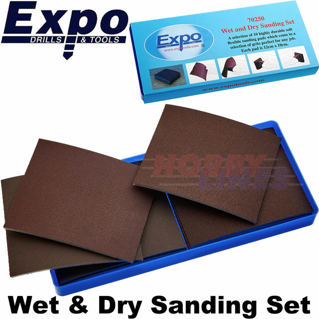 WET & DRY SANDING Set 10 Asstd 120x100mm pads Abrasives pack Expo Tools 70250