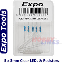 Load image into Gallery viewer, LEDs CLEAR 3mm 4-5V with resistors for 12V operation 5 pack Expo Tools A25210
