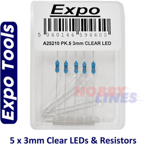 LEDs CLEAR 3mm 4-5V with resistors for 12V operation 5 pack Expo Tools A25210