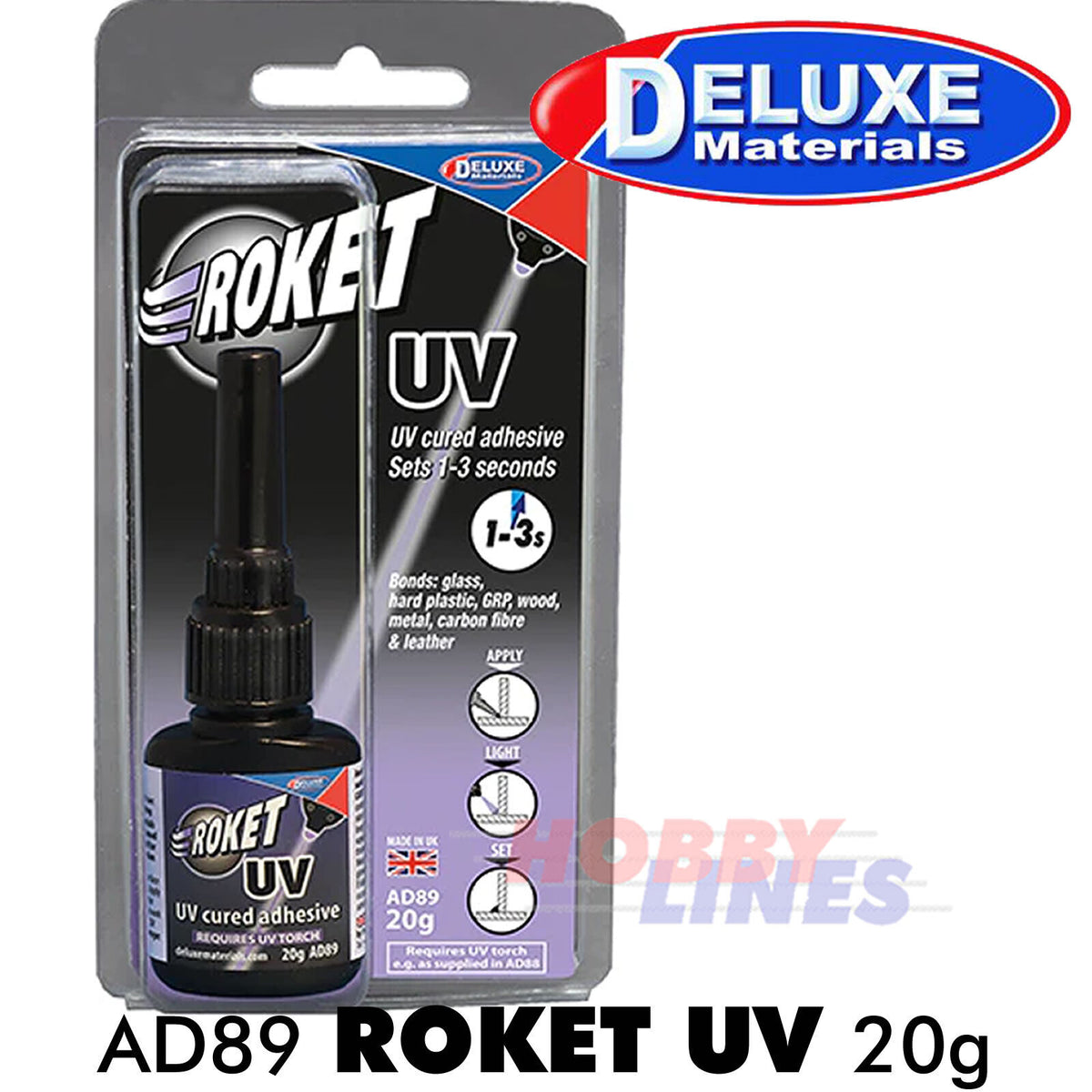 ROKET UV 2g adhesive & activation light plastic wood metal AD89 Deluxe Materials