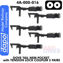 Load image into Gallery viewer, OO Dove Tail NEM Pocket with Tension Lock Coupler 5 Pairs Dapol 4A-000-016
