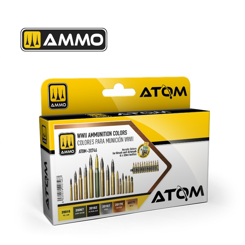 Atom WWII AMMUNITION COLOURS Set - 6 x 20ml Jars Acrylic Paint | Ammo by Mig Jimenez 