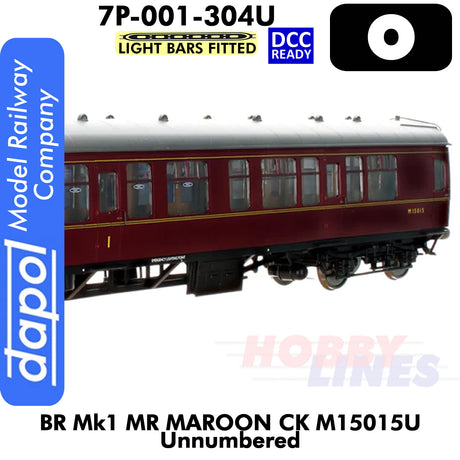 BR Mk1 MR Maroon CK M15015U Unnumbered Coach - Lightbars fitted & DCC Ready | Dapol |7P-001-304U