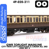 Great Western Railway - Toplight Coach MainLine Chocolate & Cream All 3rd 3905 Set 3 | Dapol | 4P-020-211