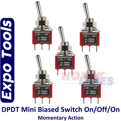 SWITCH DPDT Biased 3 position Momentary Action ON-OFF-ON Mini 5pk EXPO A28016