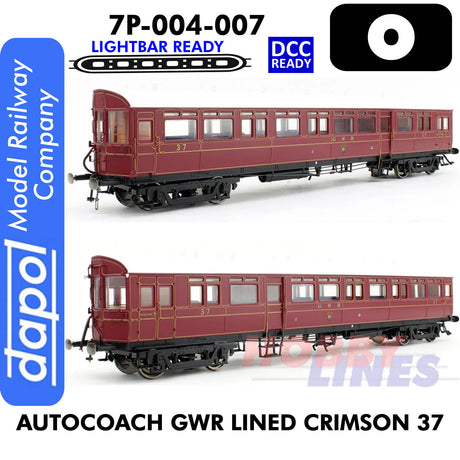 Autocoach GWR Lined Crimson 37 Coach- DCC & Lightbar Ready | Dapol | 7P-004-007
