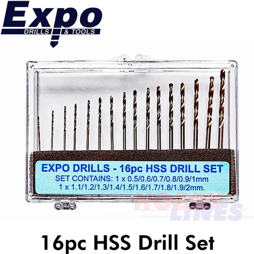 HSS DRILL BIT SET 16pc range 0.5 - 2.0mm Storage Case Expo Tools 11516