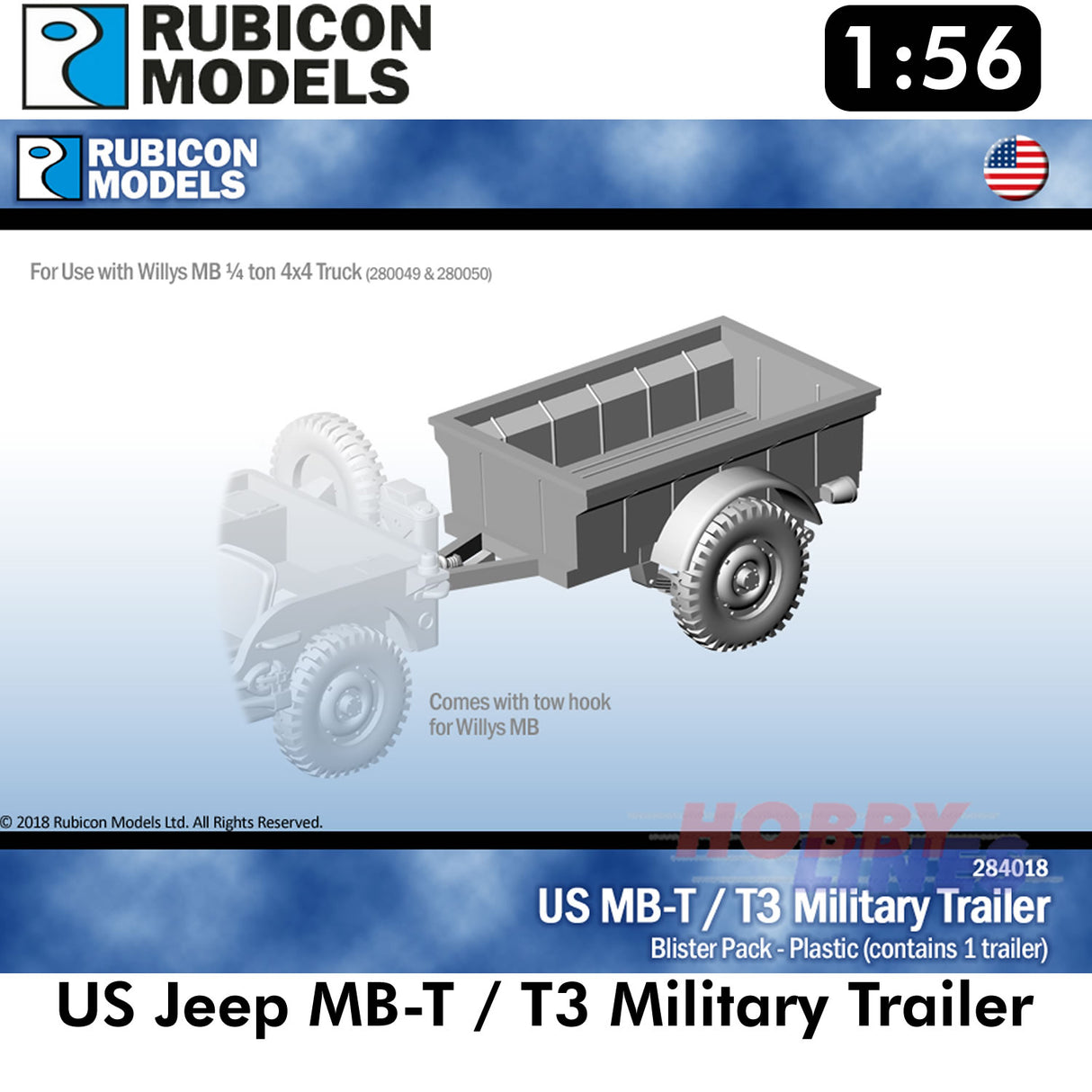 US Jeep MB-T / T3 Military Trailer Plastic Model Kit 1:56 Rubicon Models 284018