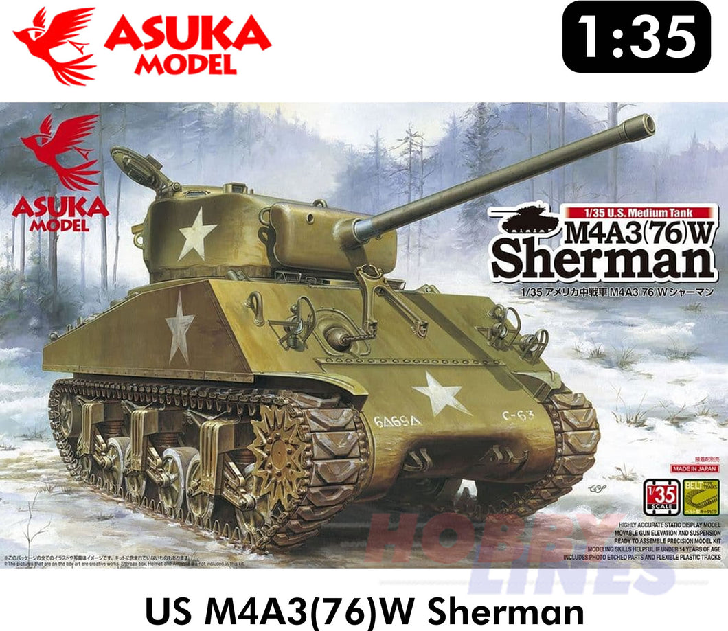 M4A3(76)W SHERMAN US Medium Tank 1:35 scale model WWII kit ASUKA 35019