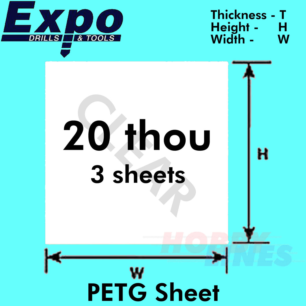 CLEAR PETG SHEET 0.5-0.75mm(20-30 Thou) 228 x 330mm pk 3 A4 plastic Expo Tools