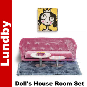 LIVING ROOM SET Sofa Tables Rug Painting Dolls House 1:18th scale LUNDBY Sweden