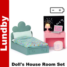 Load image into Gallery viewer, TEEN ROOM SET Bedroom Bed Vanity &amp; Lamp Dolls House 1:18th scale LUNDBY Sweden
