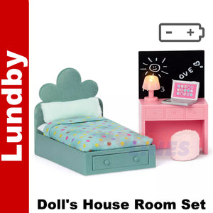TEEN ROOM SET Bedroom Bed Vanity & Lamp Dolls House 1:18th scale LUNDBY Sweden