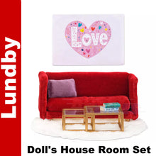 Load image into Gallery viewer, LIVING ROOM Set Sofa Table Rug picture Dolls House 1:18th scale LUNDBY Sweden
