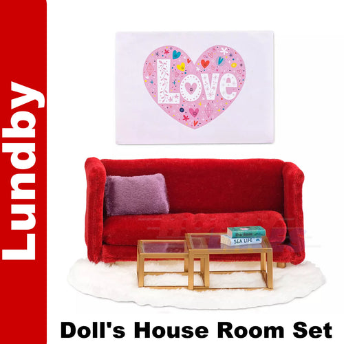 LIVING ROOM Set Sofa Table Rug picture Dolls House 1:18th scale LUNDBY Sweden