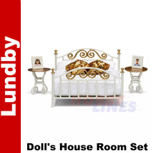 Load image into Gallery viewer, BRASS BED Pillows Sheets Bedside Tables Doll&#39;s House 1:18th scale LUNDBY Sweden
