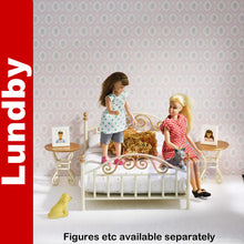 Load image into Gallery viewer, BRASS BED Pillows Sheets Bedside Tables Doll&#39;s House 1:18th scale LUNDBY Sweden
