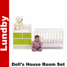 Load image into Gallery viewer, NURSERY SET Cot &amp; Changing Unit Doll&#39;s House 1:18th scale LUNDBY Sweden
