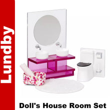 Load image into Gallery viewer, BATHROOM SUITE SET Basin Mirror Toilet Dolls House 1:18th scale LUNDBY Sweden
