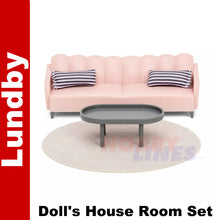 Load image into Gallery viewer, LIVING ROOM SET Sofa Coffe Table Cushions Dolls House 1:18th scale LUNDBY Sweden
