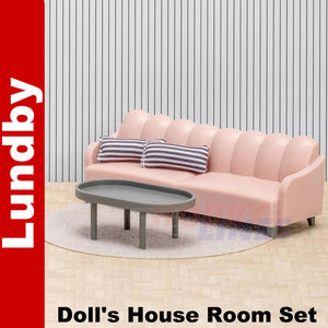 LIVING ROOM SET Sofa Coffe Table Cushions Dolls House 1:18th scale LUNDBY Sweden